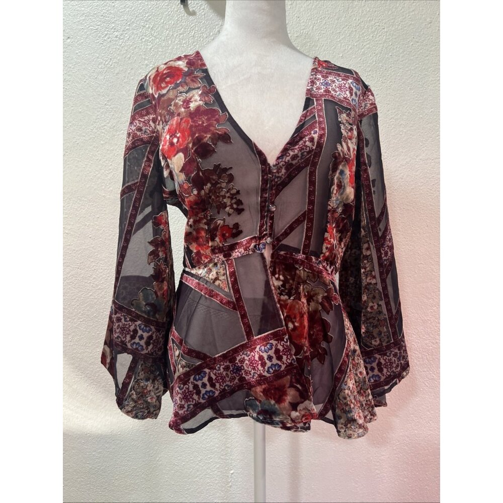Venus Black Floral Sheer Babydoll Blouse sz 2 Long Bell Sleeves Button Up Velvet